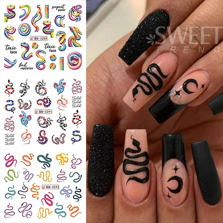 12pçs adesivo de unha de cobra 3d y2k, textura de pele de cobra preta colorida, flor rosa, transferência de água, slider, dicas de decoração de manicure diy