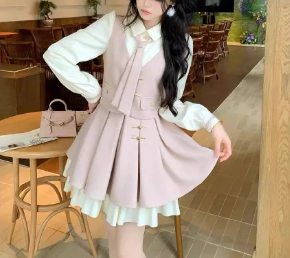 الخريف الشتاء حجم كبير الحلو وهمية قطعتين سميكة الربط فستان لطيف فتاة تنوعا الحد من العمر كلية لوليتا فساتين