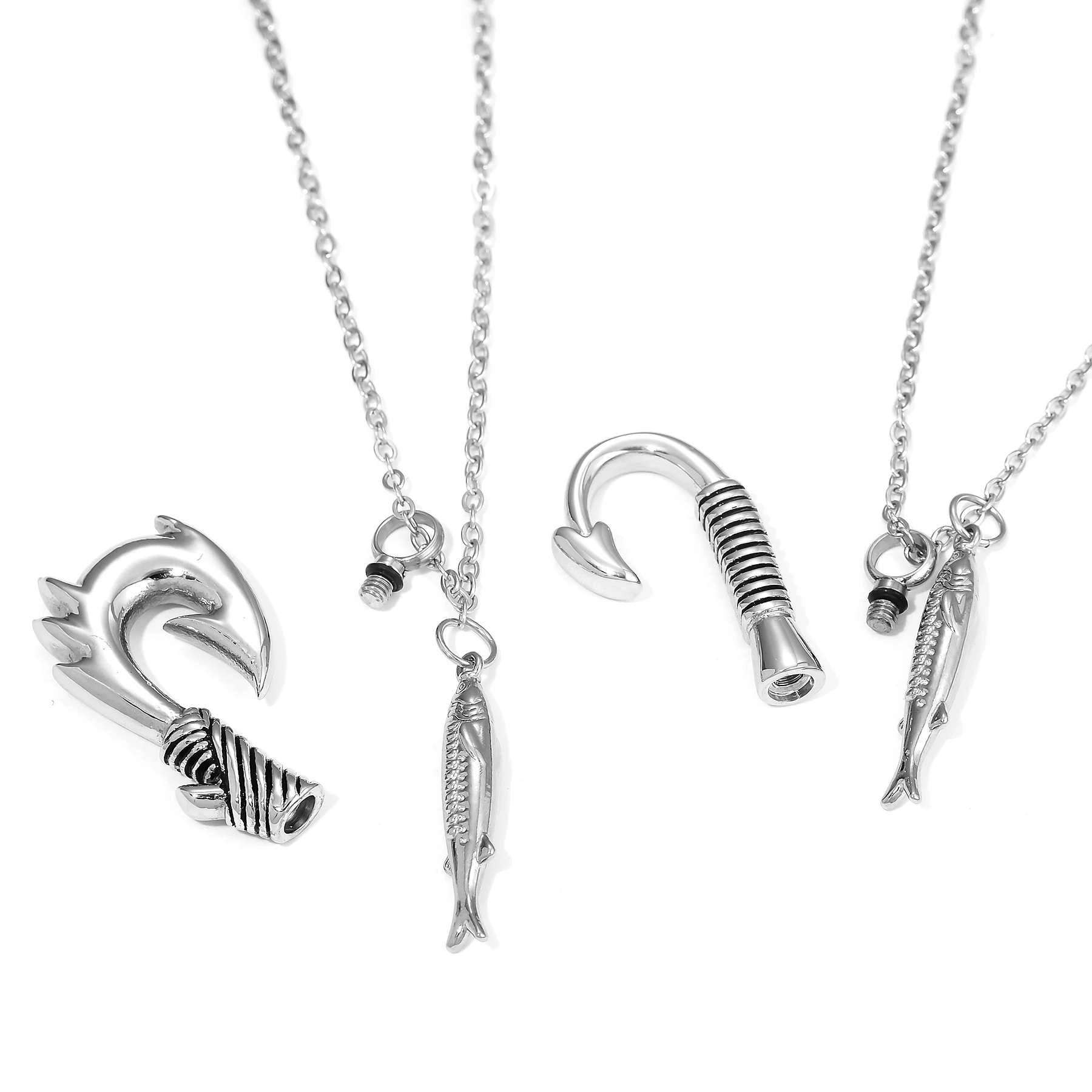 Stainless Steel Fishing Hook Cremation Necklace with Fish Pendant for Ashes Urn Jewelry Memorial Keepsake for Men Angler