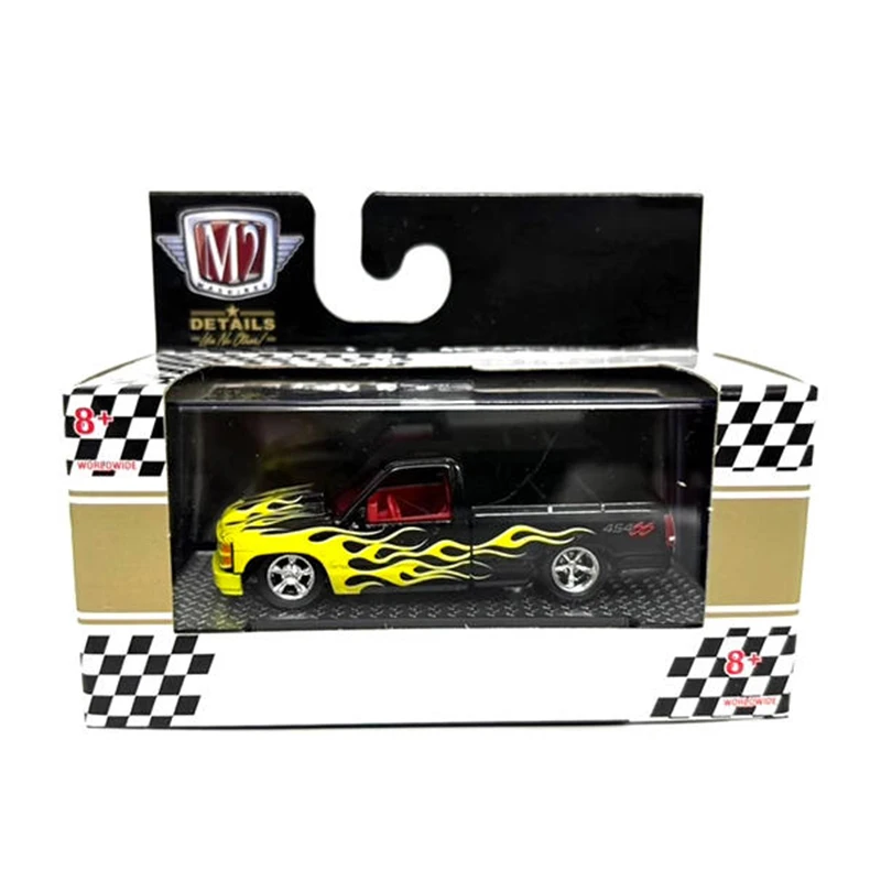 

M2 1:64 1990 C1500SS454 Пикап с пламенем, модель автомобиля из сплава, статическая коллекция, украшенные праздничные подарки, игрушки