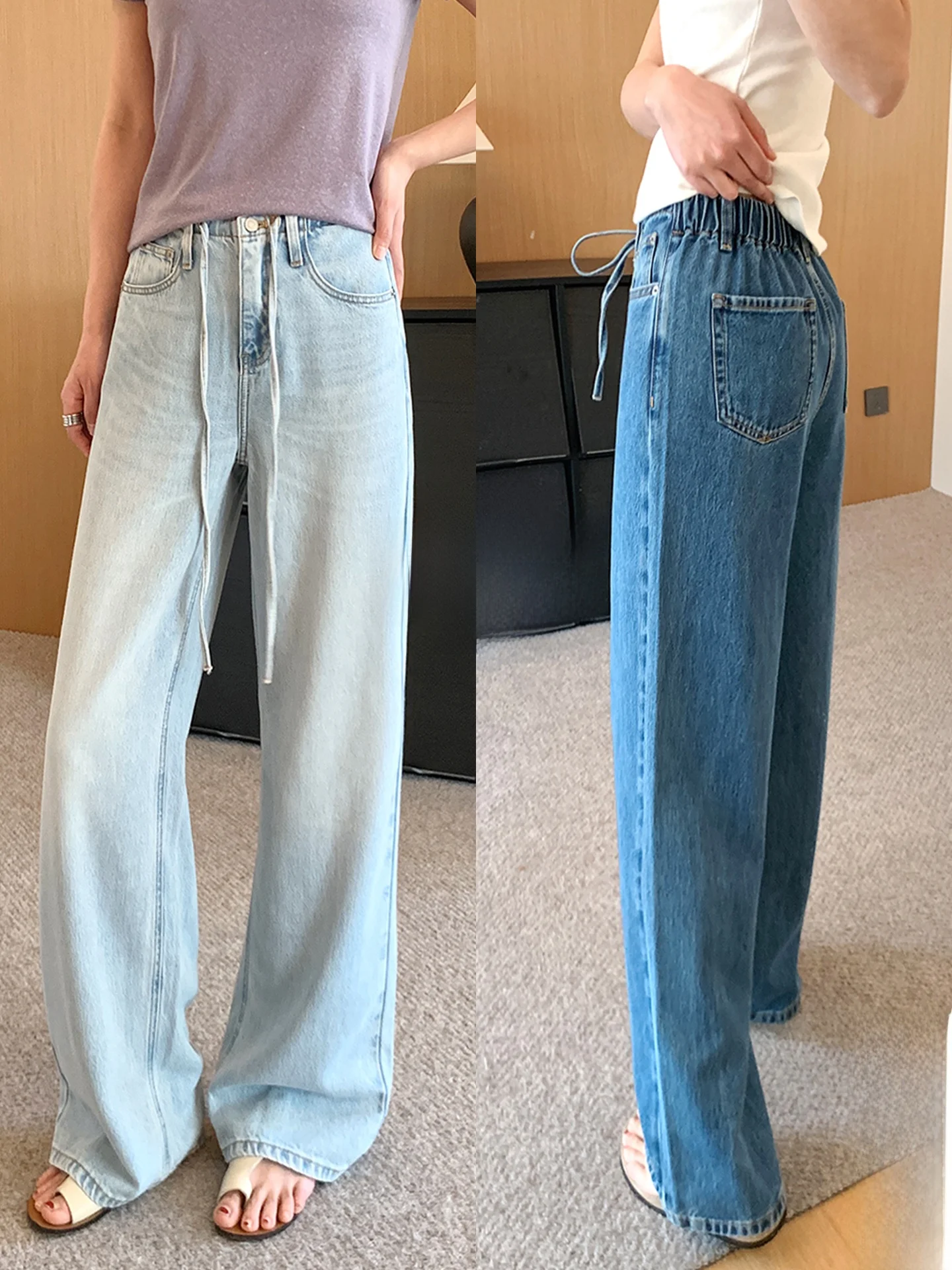 

Blue Acetate Lycell Wide Leg Pants Belted Soft Thin Summer Jeans High Waist Casual Straight Leg Spring Summer Ladies Jeans