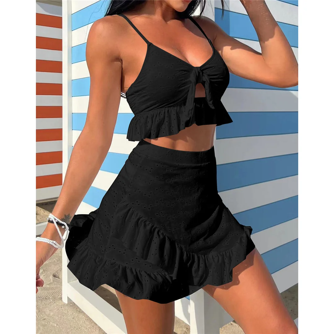 Neuer, verführerischer Bikini mit Rock, Rüschen und Volants, Damen-Badebekleidung, dreiteiliges Bikini-Set, Badeanzug, Badebekleidung, Modell V4625. – Detail 15