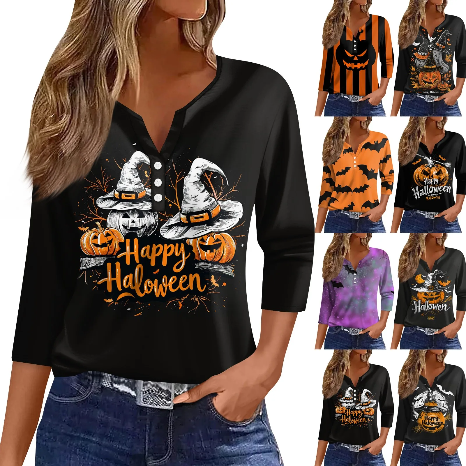 Women\'s Happy Halloween printed T Shirt Tee Print Button 3/4 Sleeve Daily Weekend Fashion Basic V Neck Regular Women\'s blouse