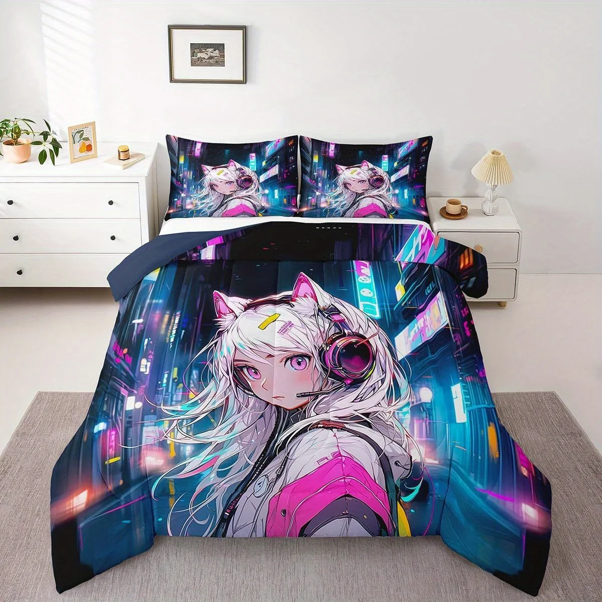 Erosebridal 3/2pcs Watercolor Anime, 3D Anime Comforter Set Cosmo Galaxy Bed Beding Set for Graffti Stars Print Duvet Insert