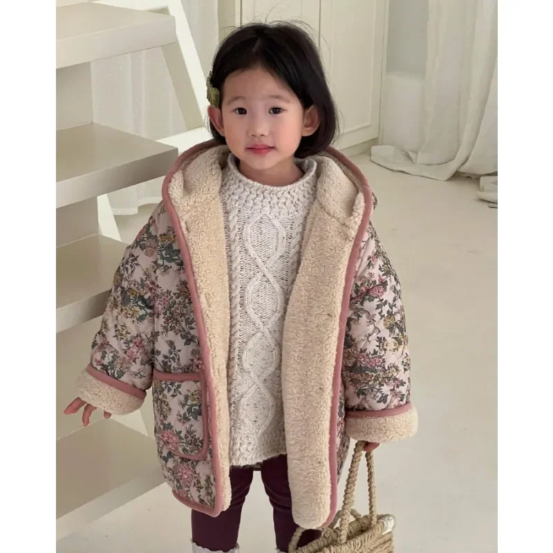 

Children's Top Clothing New Girls' Korean Flower Jacket Warm Long Coat Winter Hooded Cotton-padded Clothes Matching Outfits Kids