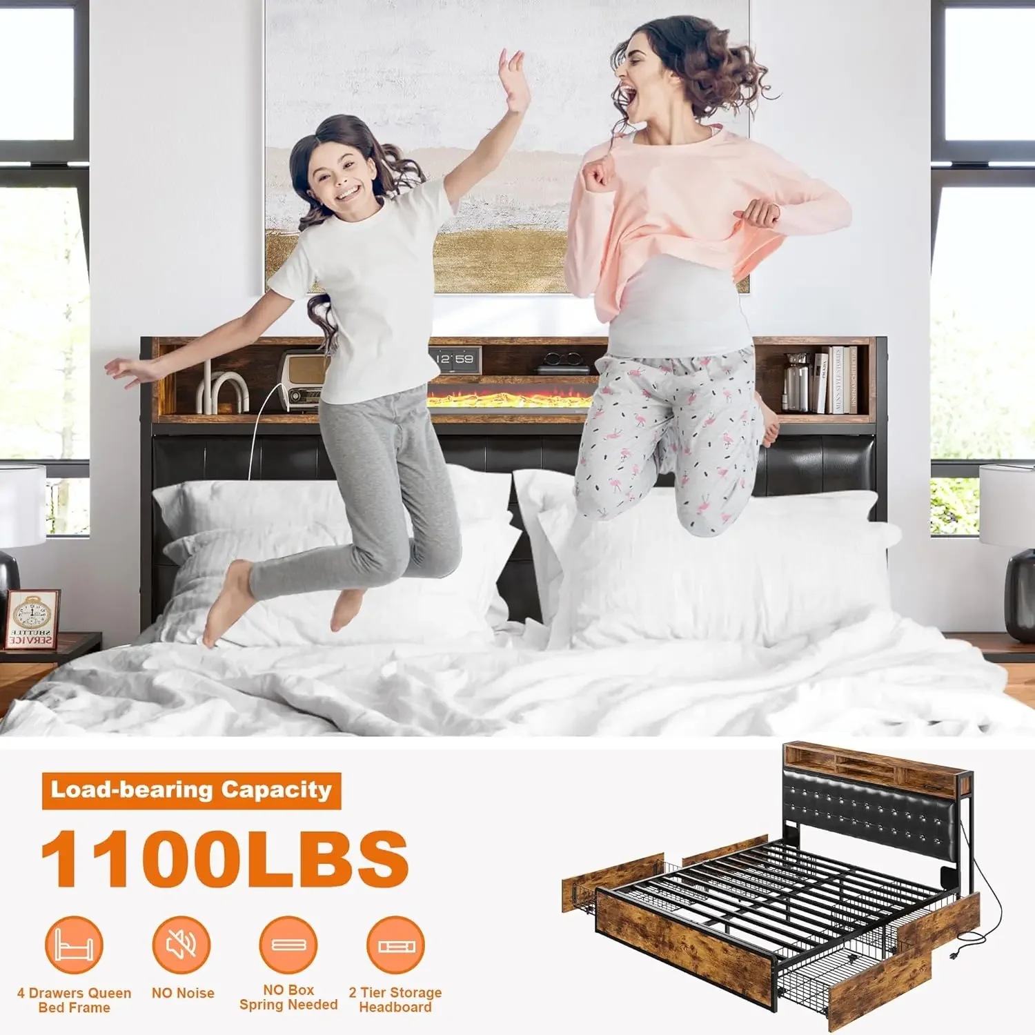 Estrutura de cama queen com 4 gavetas de armazenamento Estrutura de cama queen com cabeceira estofada Estrutura de cama queen size com carregamento embutido