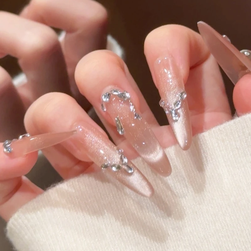 

10 Pcs Extra Long Press on Nails Girls Rhinestone Nail Tips Wedding False Nails Artificial Nails for Sticking with Box and Tools