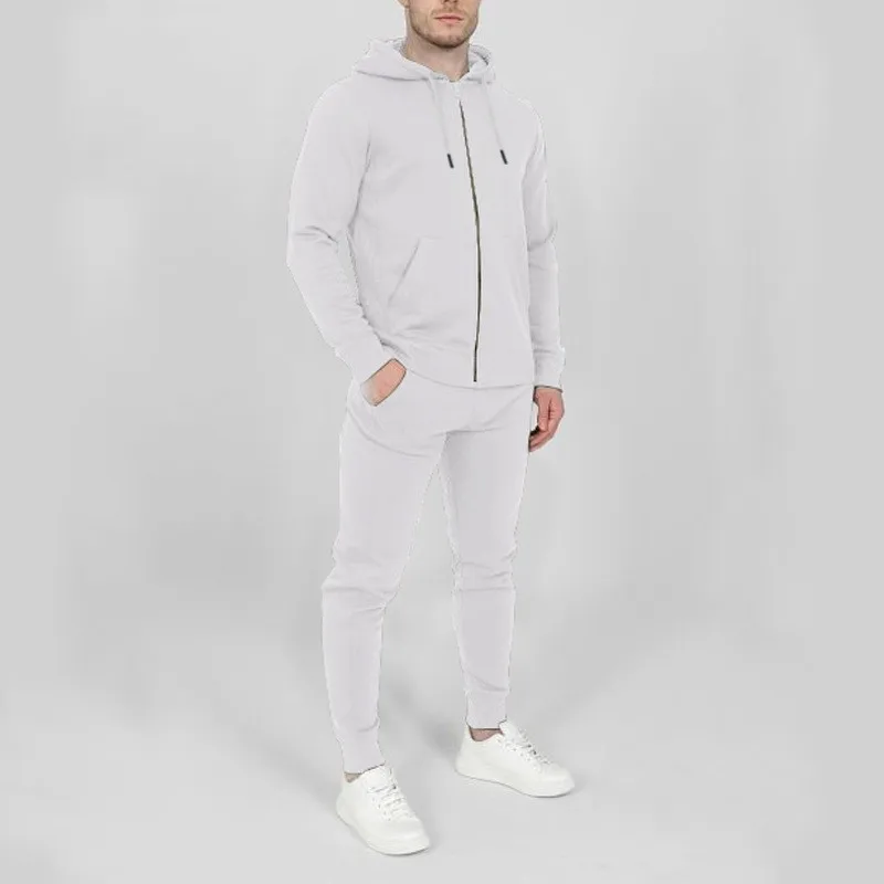 Combinaison de sport à la mode pour hommes, comprenant un sweat-shirt à capuche et un pantalon de survêtement à fermeture éclair de couleur pure, un ensemble deux pièces, adapté pour