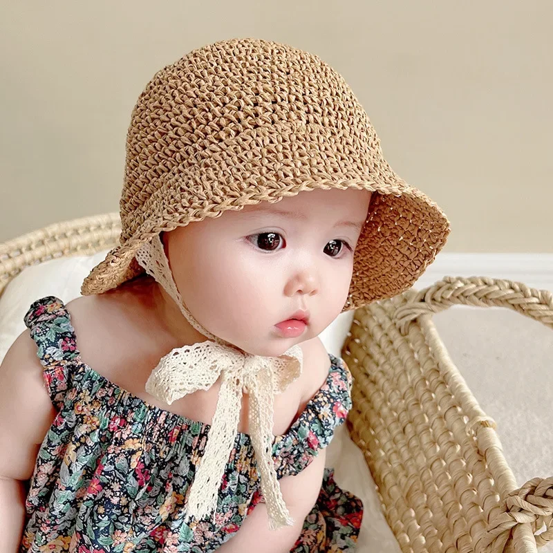 Gorra con protección solar para playa de verano para niños y mujeres, gorra de pescador tejida de paja, sombrilla de estilo coreano para bebé de 1 a 3 años