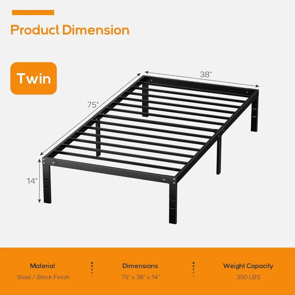 Twin Size Bed Frame, Metal Platform Frames No Box Spring Needed, Heavy Duty with Storage Space, 14 Inches High