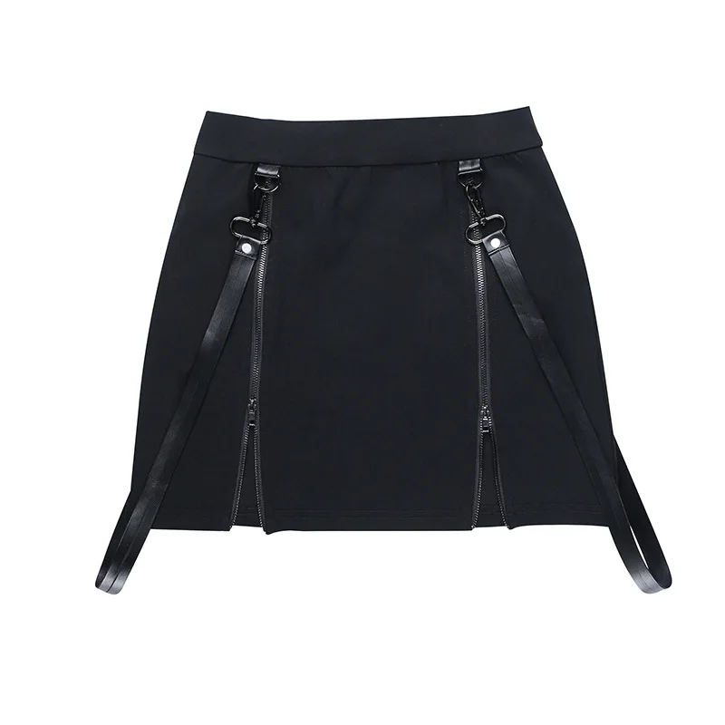 Gothic Zip Split Sexy Women Mini Skirts Grunge Strap Black High Waist Pencil Skirt Punk E-girl Alt Party Clubwear