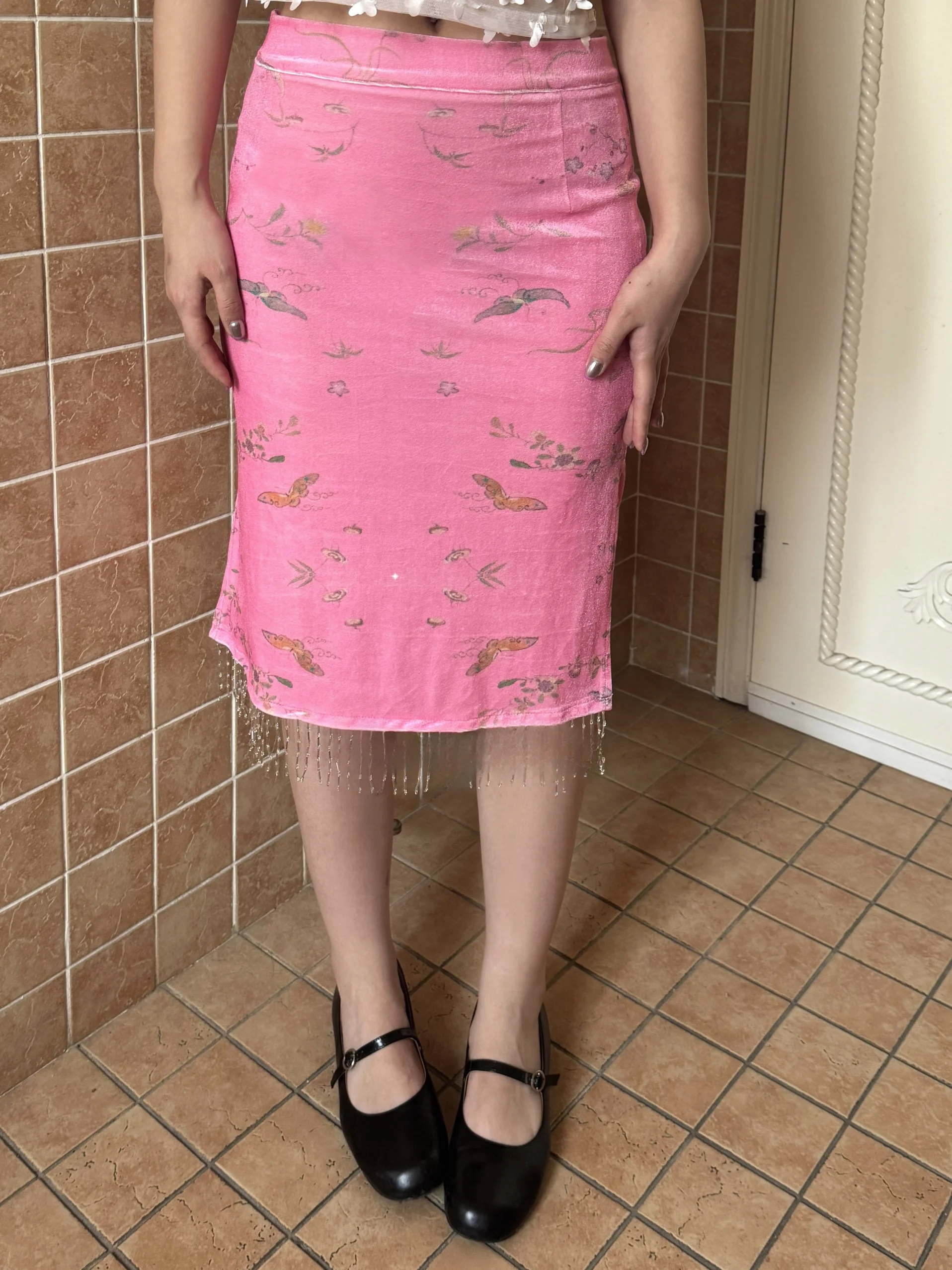 

Original Little Print Pink Velvet Elastic Slimming Side Split Bodycon Skirt High Waist Polyester Silk Fabric