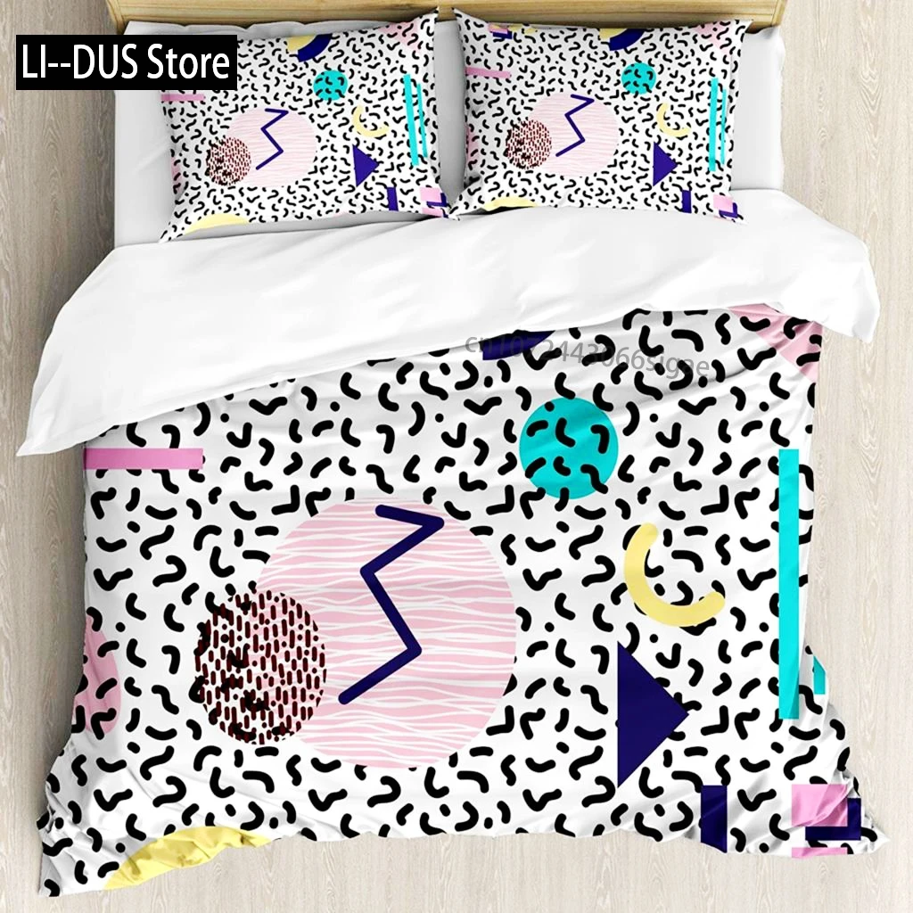 

90s Duvet Cover Set 90's Letter And Stars On Striped Background With Circles Party Celebration Themed King Size Twin Bedding Set