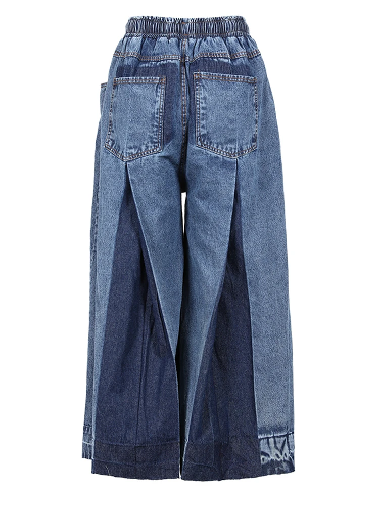 [EAM] Jeans a gamba larga a blocchi di colore in denim blu navy a vita alta Nuovi pantaloni larghi da donna Moda marea Primavera Autunno 2024 1DE