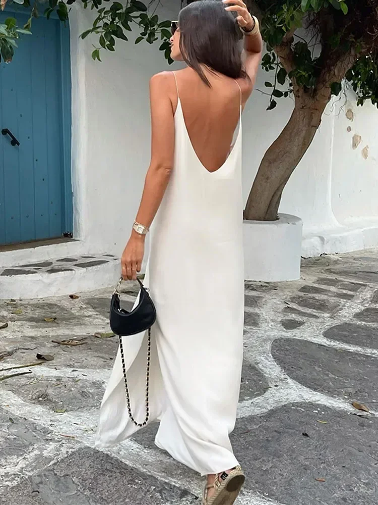 Women Solid Color Backless Long Dress Fashion Loose Casual V-neck Strappy Maxi Dresses 2024 New Lady Vacation Dress Spot Goods