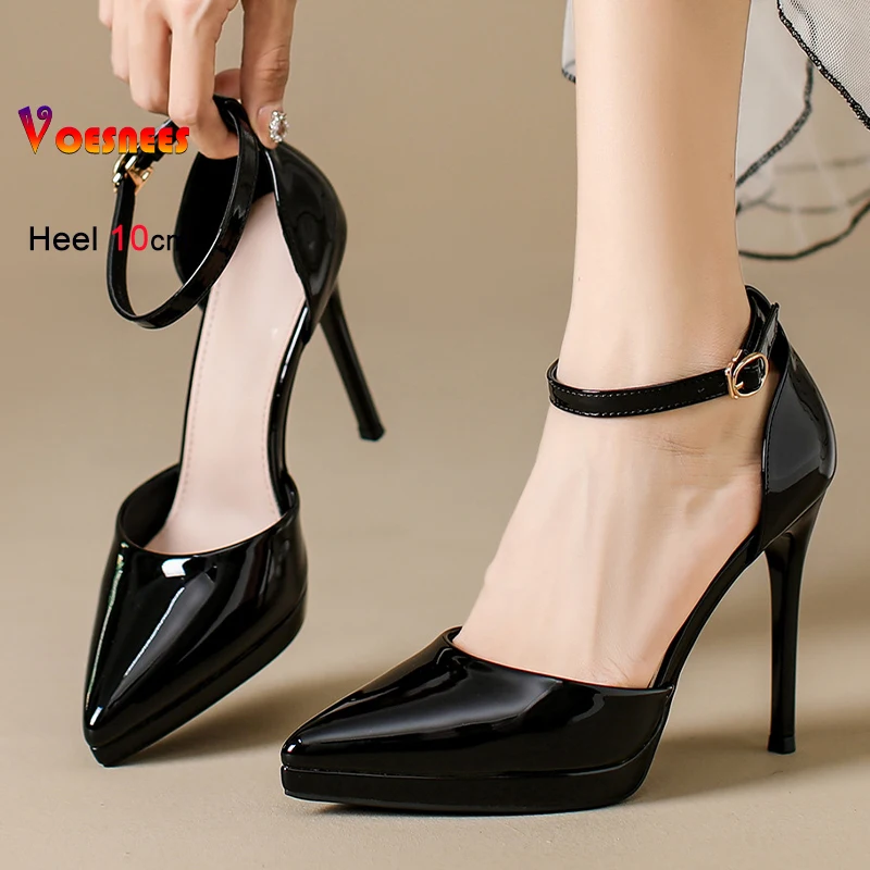 

Summer Black Patent Leather Women's Sandals Pointed Toe Thin Heels 8/10cm Platform Ankle Buckle Strips Ladies Pumps Party Shoes