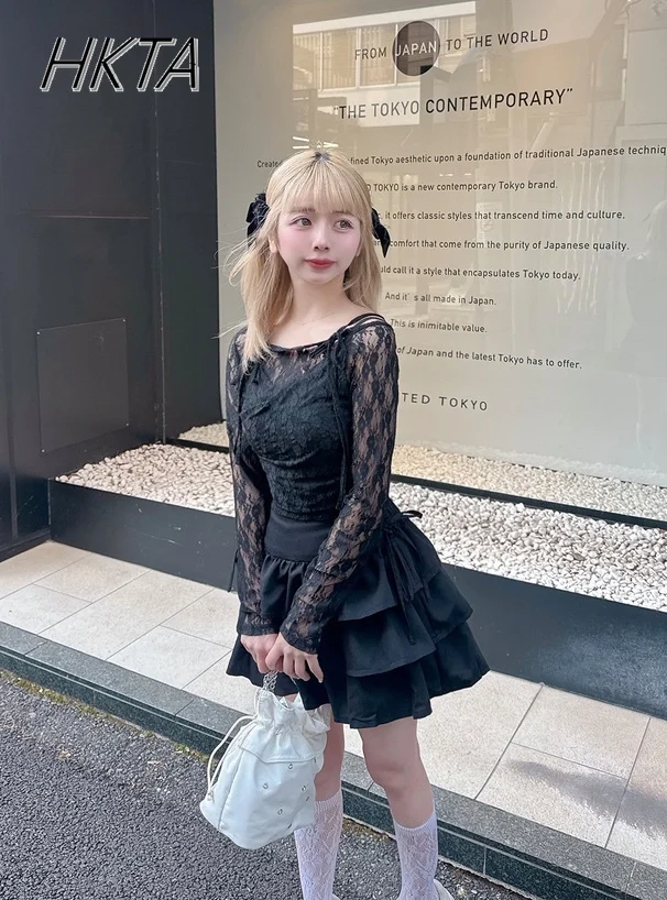 Estilo japonés Retro con cordones ahuecados camisa de manga larga Tops mujeres Mine novedad de verano dulce cintura delgada chica caliente camiseta negra