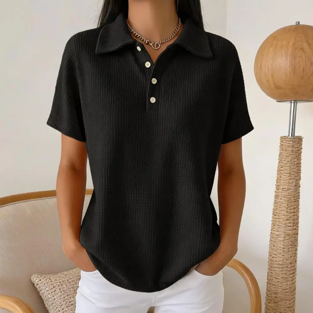 

Lightweight Summer Shirt Soft Stretchy Women T-shirt Women’s Lapel Short Sleeve Shirt Tops Waffle Texture for Versatile