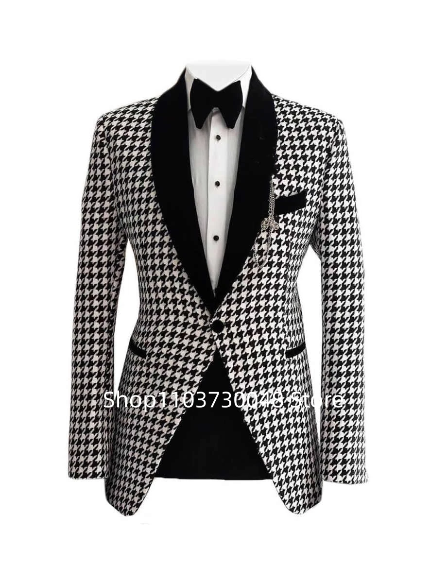Casual Houndstooth Business Blazer for Men Plaid Shawl Lapel One Button Suit Jacket Formal Male Fashion Men Suits Coat