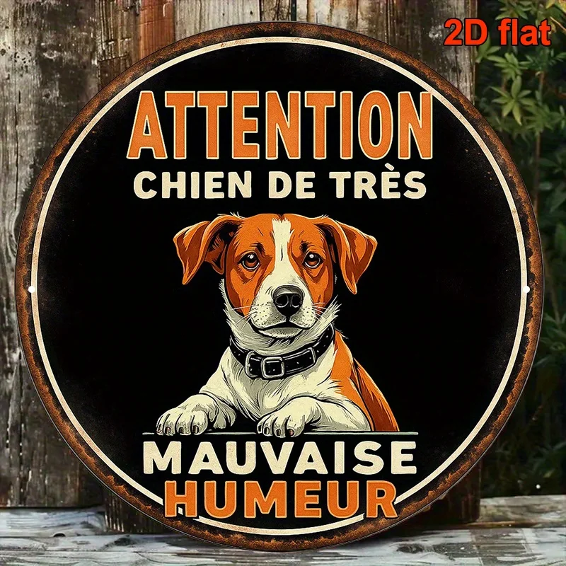 2D Flat - Round Vintage Metal Plaque Featuring a 'Dangerous Dog' Warning Sign with a Jack Russell Terrier Design, Measuring 7.87