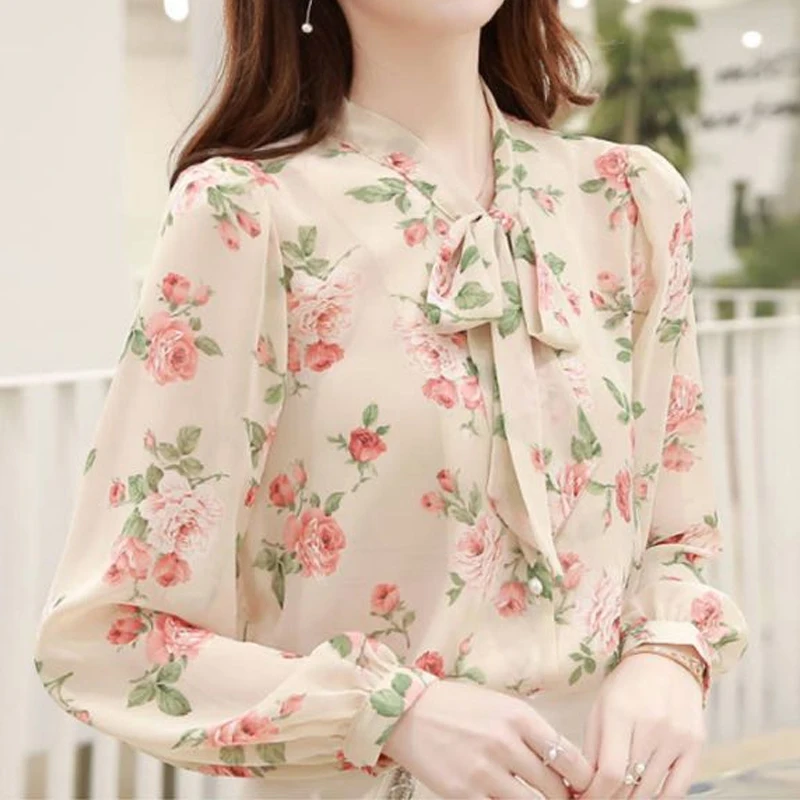 New Long Sleeve Fashion Chiffon Shirt Tops Spring New Bow Floral All-match Elegant Blouse Temperament Office Women Clothing