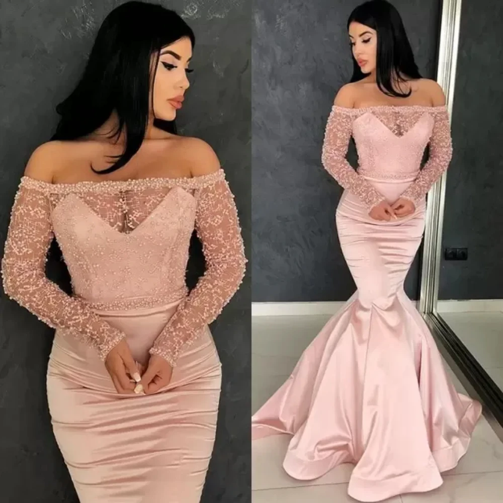 Line neck Luxury Evening dress Sexy Mermaid sequin beaded long sleeve crystal sweep shoulder sexy illusion custom ball dress