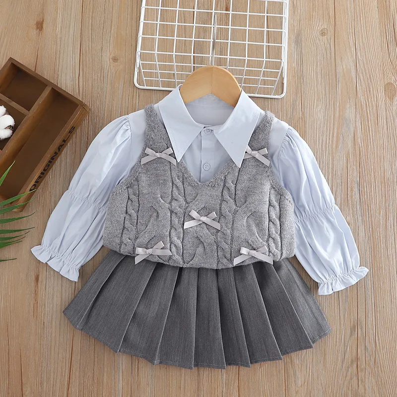 

2025 Autumn Kids Girls Knitted Set School Style Bow Vest + Long Sleeve Shirt & Pleated Skirt Outfit 3Pcs Cotton Casual Outfit