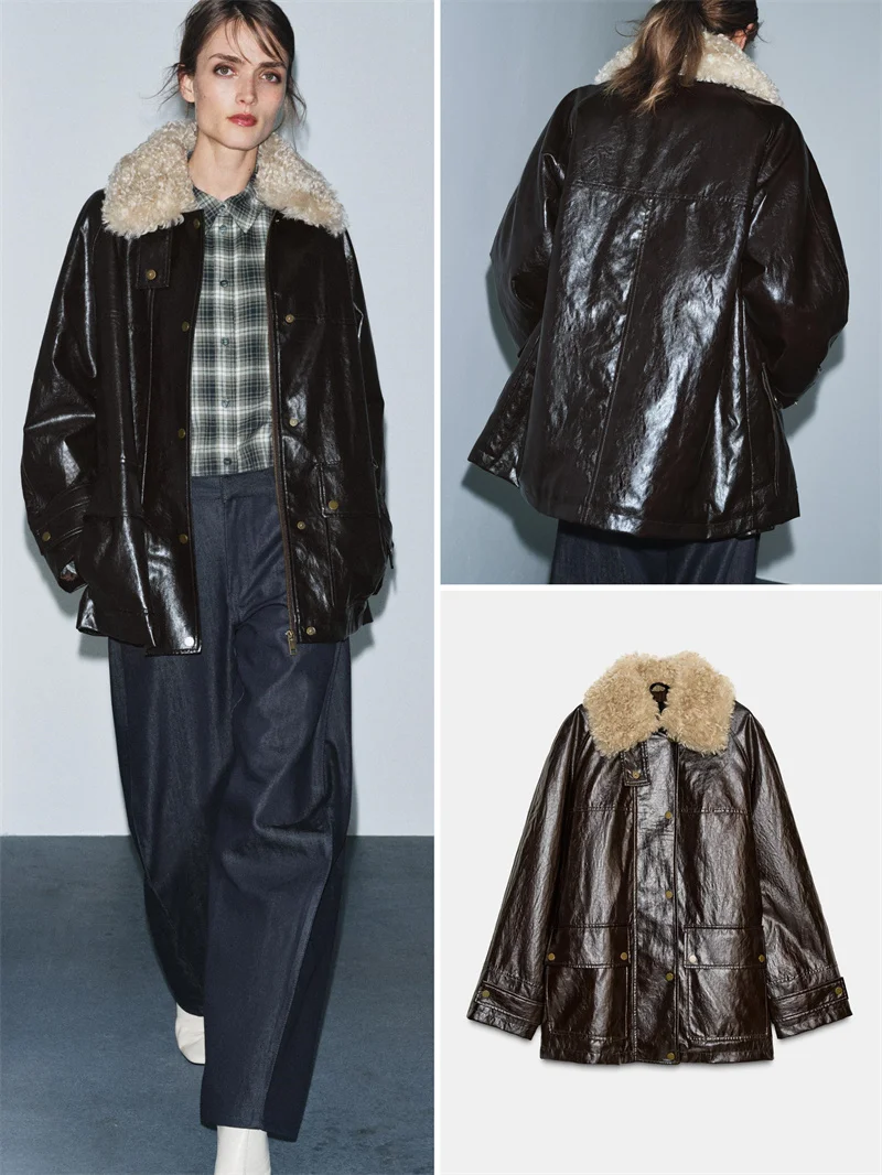 Faionable Casual Artificial Fur Collar Jaet Women's Leather Coat New Autumn Winter Zipper Straight Tube Long Sve Coat