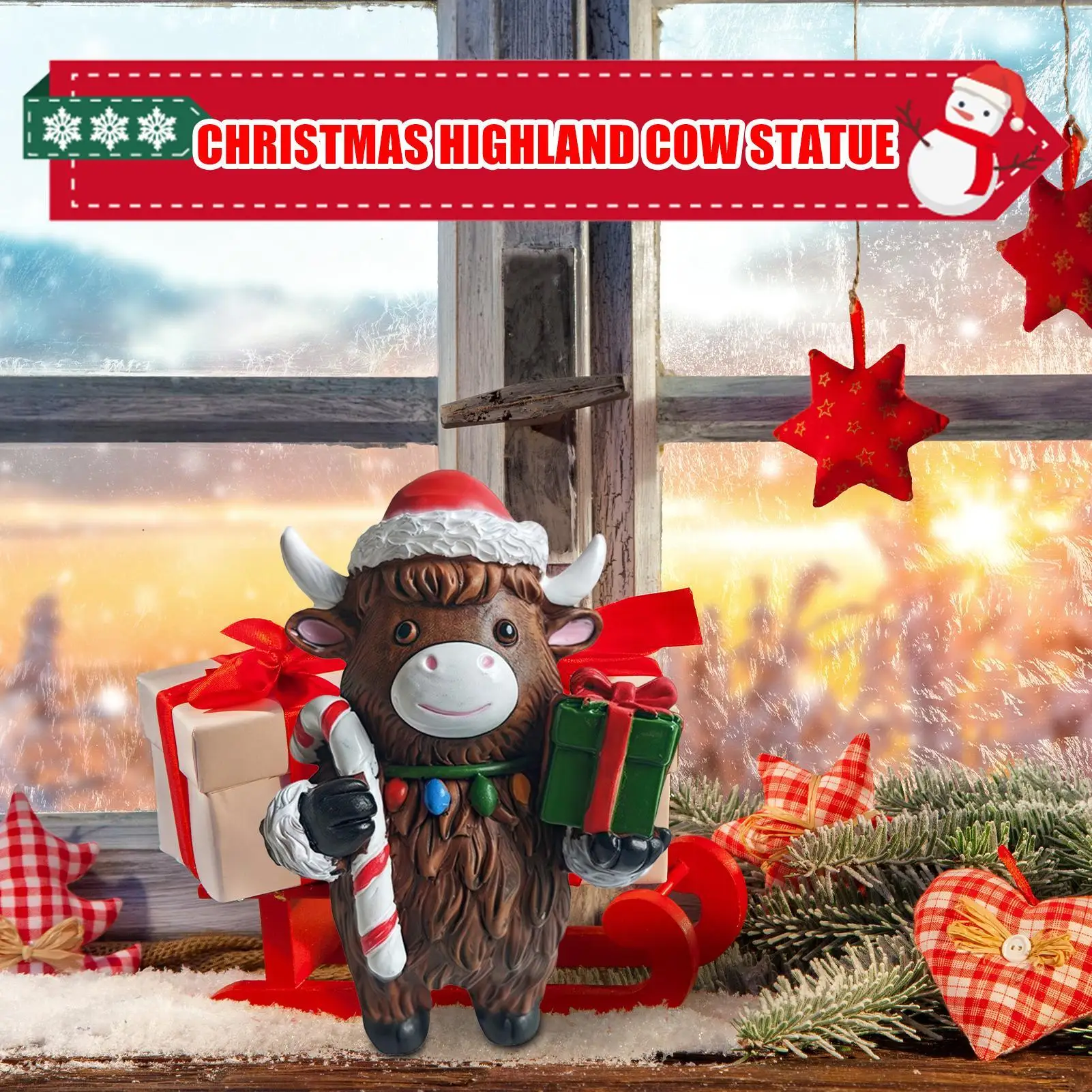 Cow Statue Christmas Highland Cow Figure Rustic Cute Ornament for Dorm Farmhouse Bathroom Classroom Kitchen Nursery Bedroom