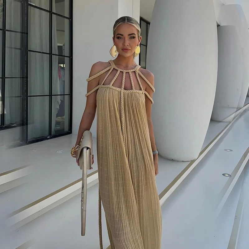 2024 New Women's Beachdress Long Skirt with Tied Rope Beach Swimsuit Cover Up Shoulder Sexy Hanging Neck Loose Vacation Dress