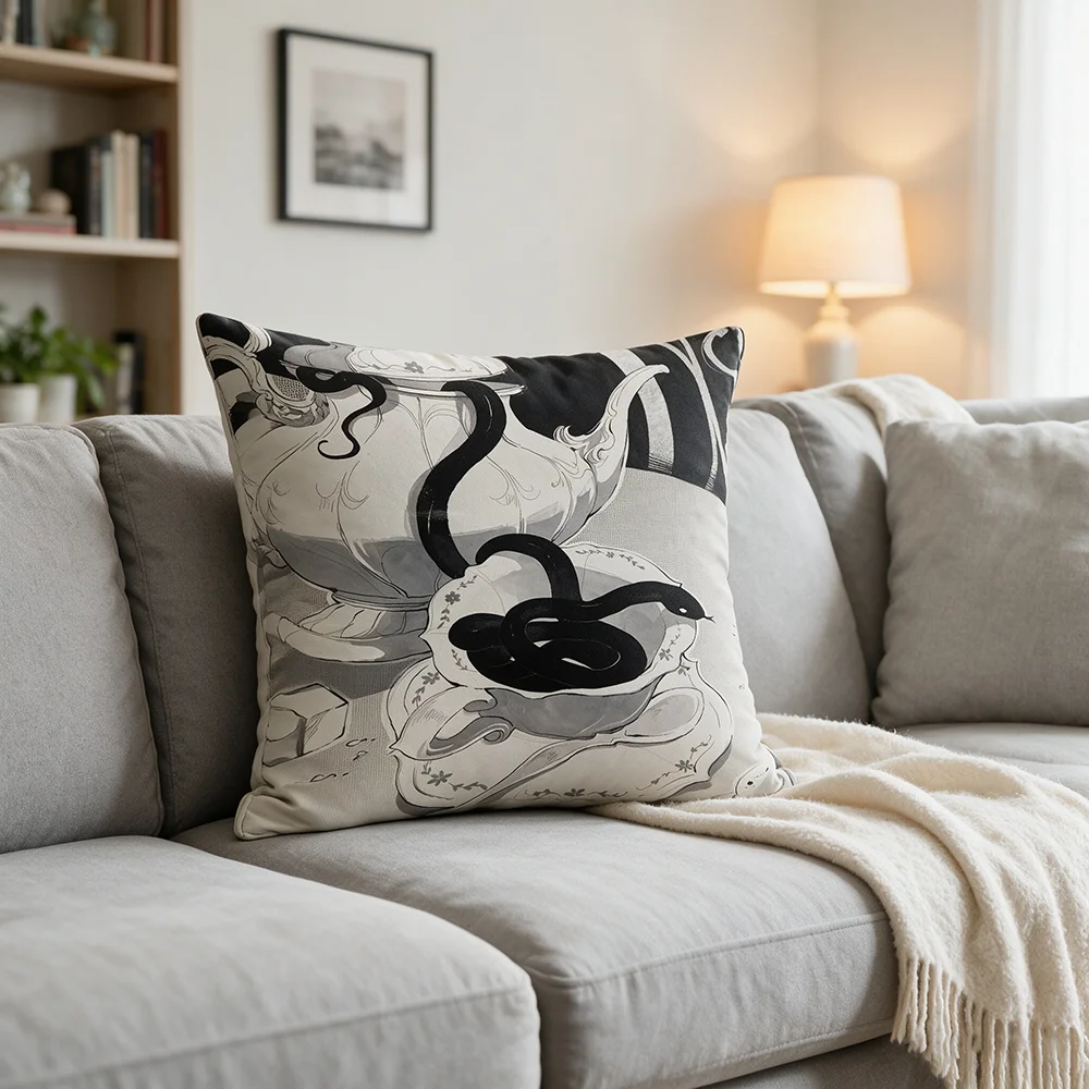 1PC Black White Snake Teapot Print Pillow Cover Vintage Sketch Art Gothic Decorative Throw Pillow Sofa Couch Bedroom Home Decor