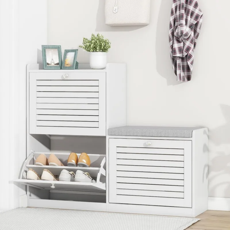 

Shoe Bench with 3 Flip Drawers, Entryway Storage Bench with Cushion, Adjustable Shelves, Shoe Cabinet with Storage Space for Ent