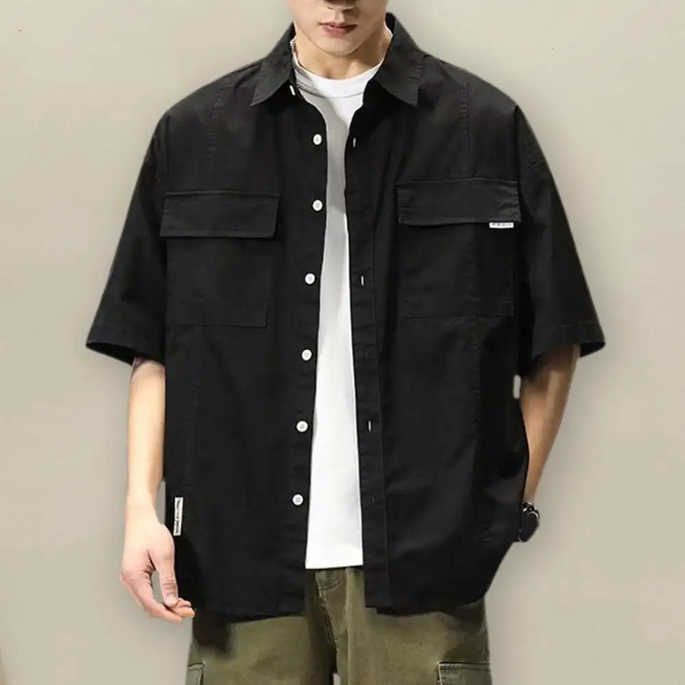 Men Shirt Vintage Tooling Style Cargo Shirt Turn-down Collar Short Sleeves Hip-hop Loose Men Shirt Coat Casual Shirts Cardigan