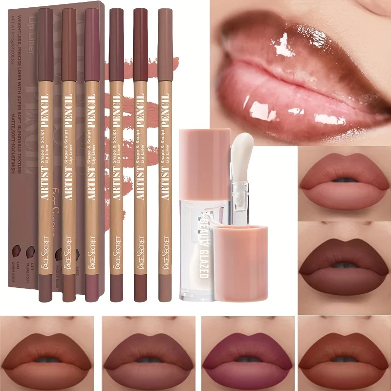 Set di 7 matite per labbra + olio per labbra combinato labbra opaco impermeabile sia per labbra e occhi olio per labbra con set di matite per labbra marroni