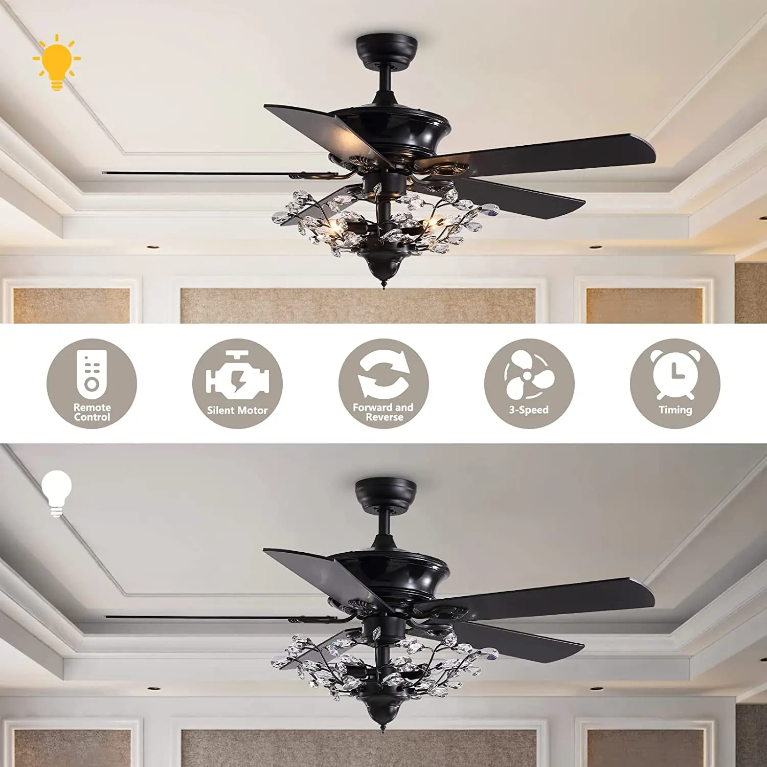 Crystal Ceiling Fan with Light and Remote Modern Electrical Fan with 5 Wood Blades For Home Decoration, Living Room, Bedroom