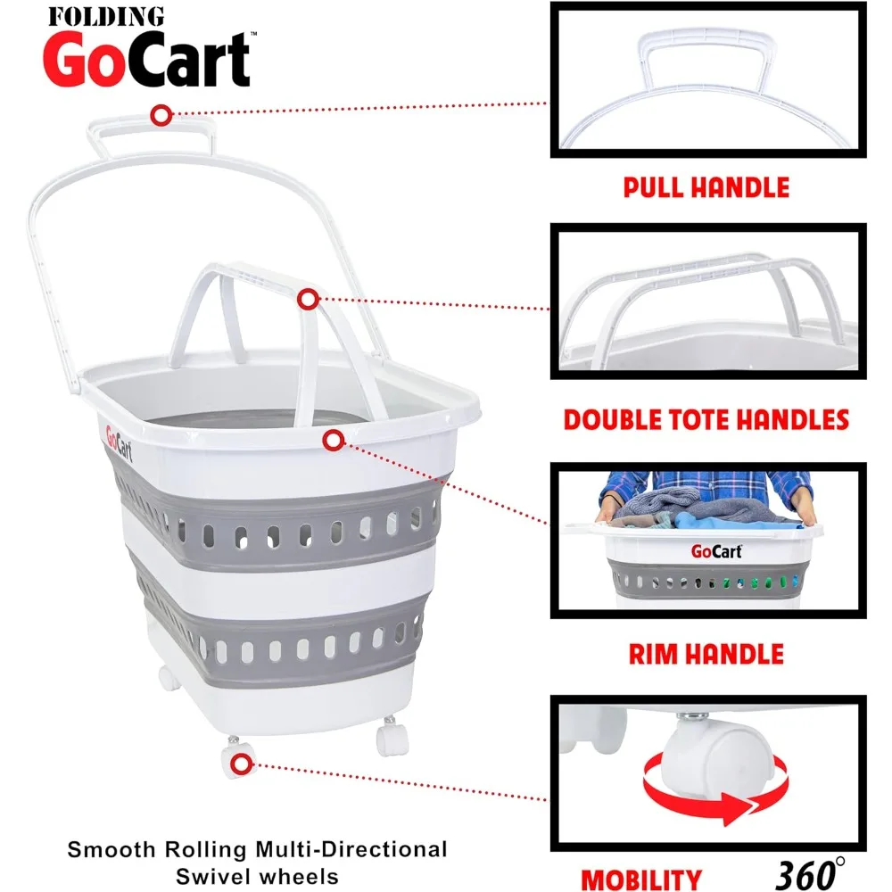 dbest products Folding Gocart Collapsible Laundry Basket on Wheels Grocery Cart Shopping Pop Up Plastic Hamper Tote Handles