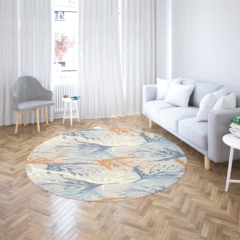 Teal Stripe Leaf Print Round Rug Non Slip Carpet Minimalist Botanical Striped Design For Living Room  Bedroom Home Decor