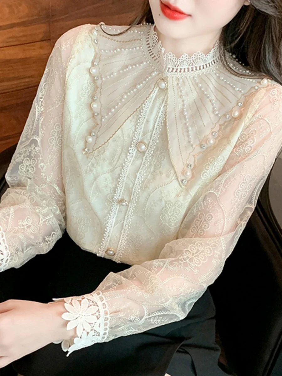 French Elegant Lace Shirt 2022 New Fall Women Clothing Luxury Chic Beads Embroidery Cute Doll Collar Long Sleeve Blusas Top Lady