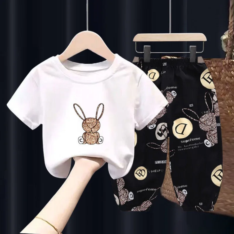 Children Rabbit Clothing for Girls Summer Mother Kids Sets Cute Boys Clothes Cotton T-shirt Top Pants 2pcs Children\'s Sets 2-10y