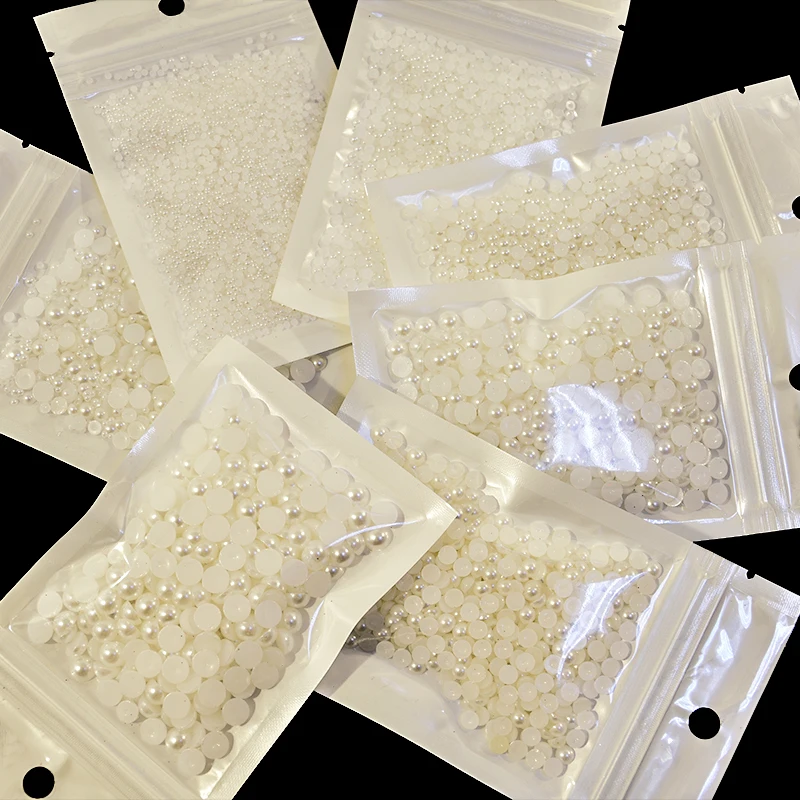 200-1200pcs Half Round Pearls Nail Rhinestones 2/3/4/5/6mm White Beige Pearl Beads Caviar Nail Decor 3D Flatback Resin Nail Gems