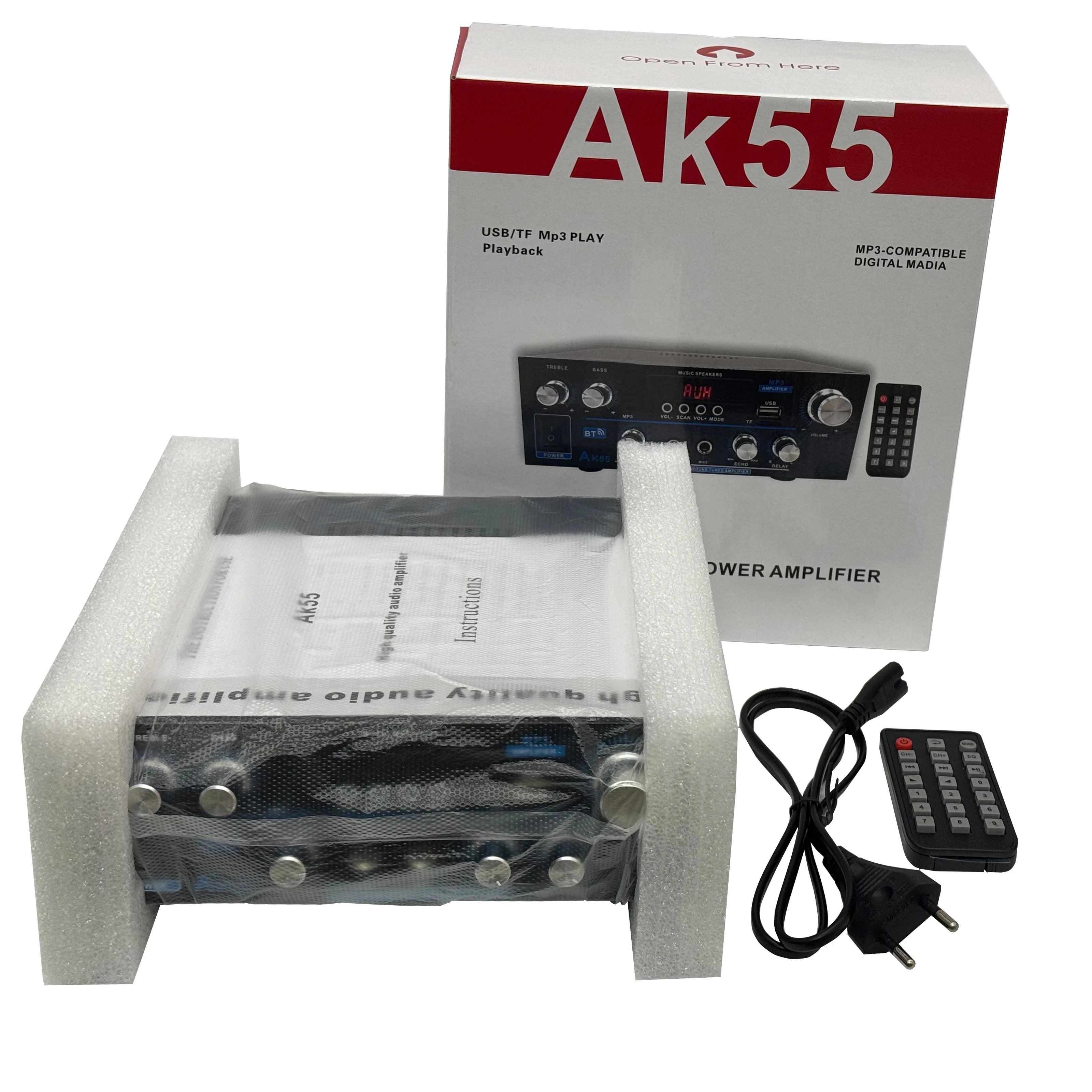 Car Amplifier AK55 900W Max 2.0 Channel Rated 70W+70W Bluetooth Audio Hifi AMP Karaoke Music Player Support 110V 220V 12V