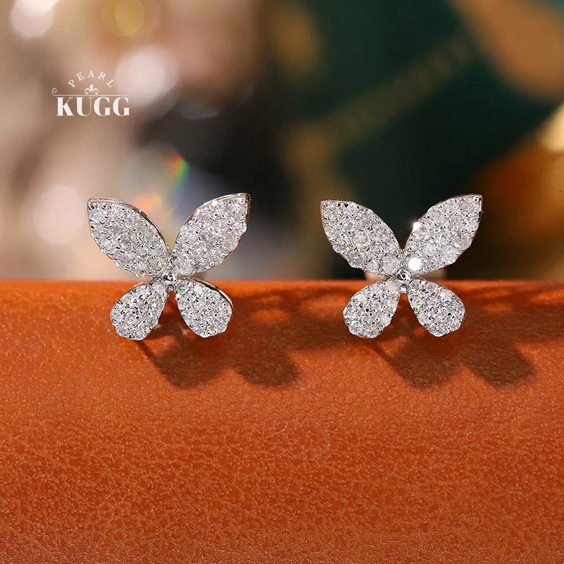 KUGG 100% 18K White Gold Earrings Women Elegant Butterfly Shape 0.40carat Real Natural Diamond Stud Earrings Engagement Jewelry