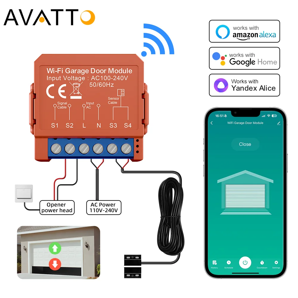 AVATTO Tuya WiFi Garage Door Opener Smart App Remote Voice Control Gate Door Switch module Works with Alexa Google Home Alice