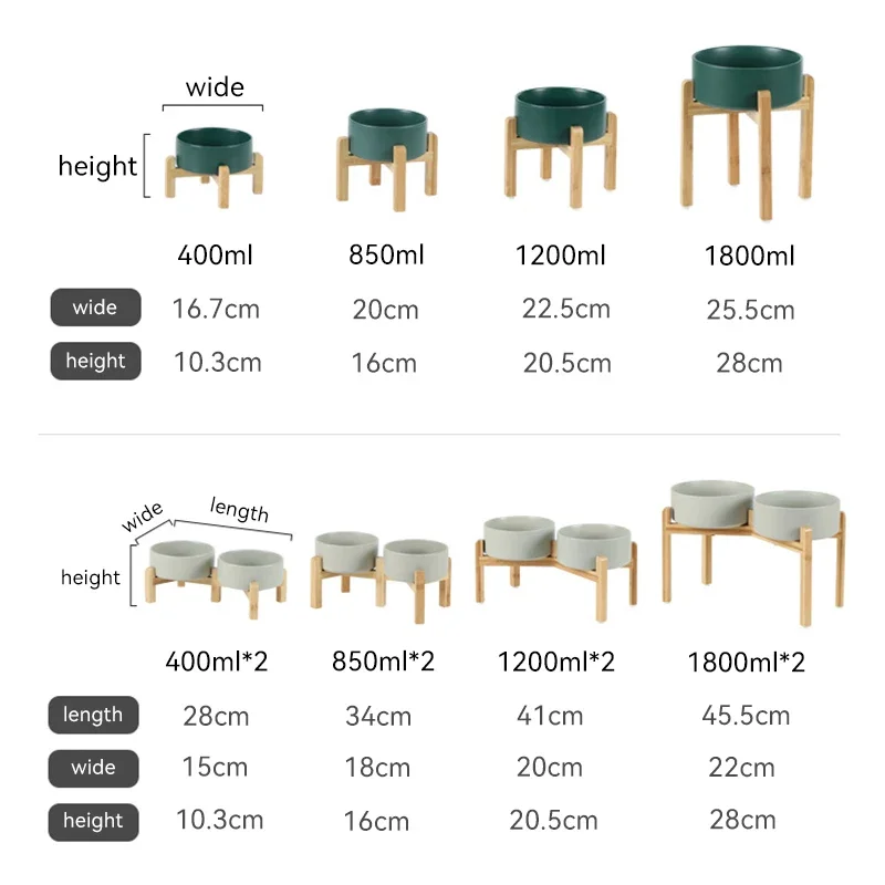 Medium Big Dogs Bowl Pet Ceramic Food Water Double Bowls with Wooden Stand Cat Elevated Drinking Eating Bowl 1200ml 1800ml - view 2