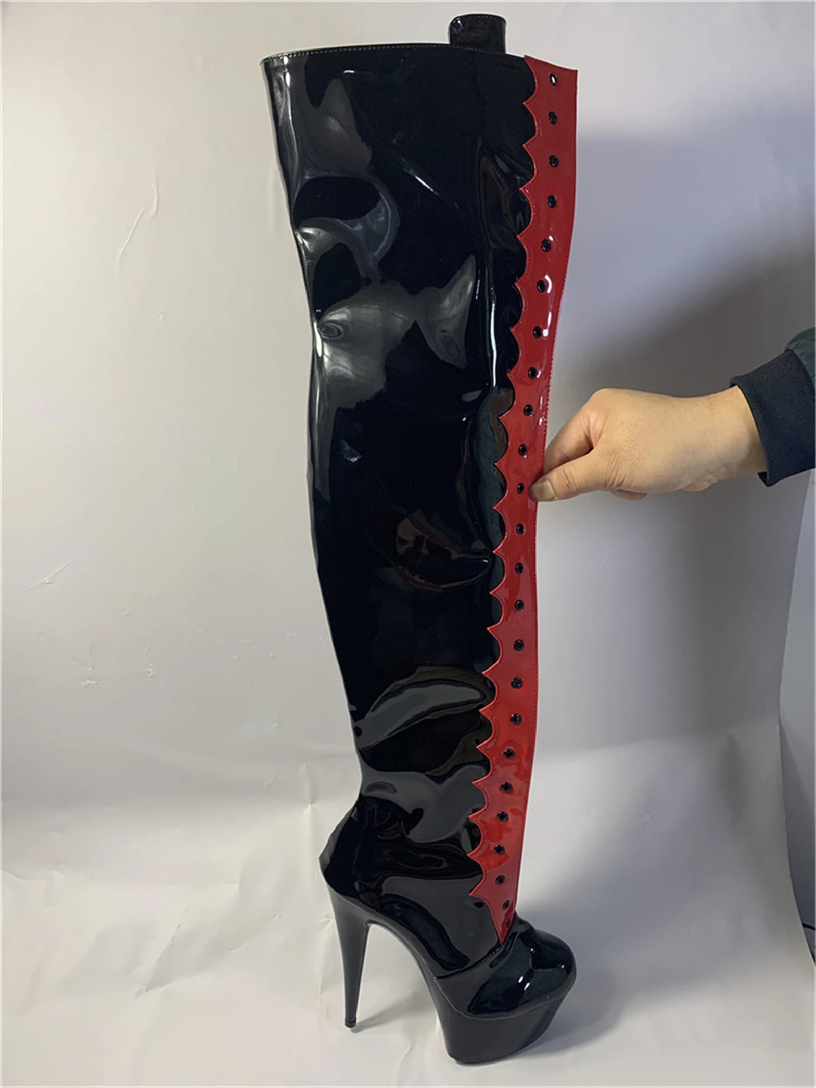 15CM Red Glossy Over Knee Boots | Sexy Chunky Heel Platform Booties with Pointed Toe | Versatile Thigh High Heels for Party & Ev view 3