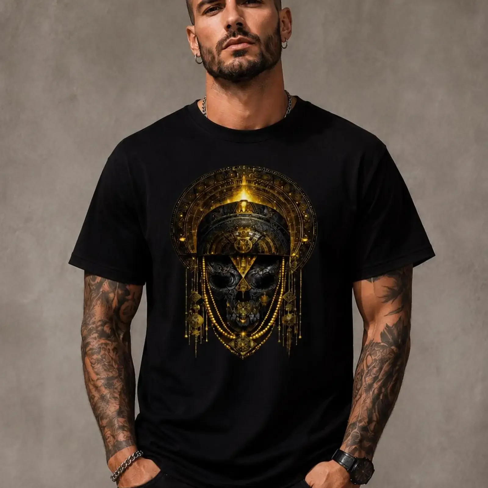 Men's Black Gold Mystic Skull Print T Shirt Mayan Aztec Style Occult Gothic Streetwear  Top vintage Washed Slightly Stylish