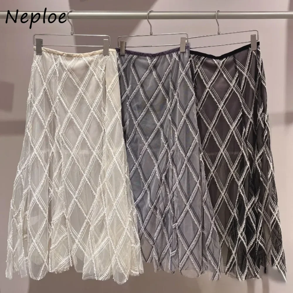 Neploe A-line Mid-length Heavy Plaid Faldas High Waist Voile Casual Embroidery Skirt Japan All-match Slim Literary Mujer Falda