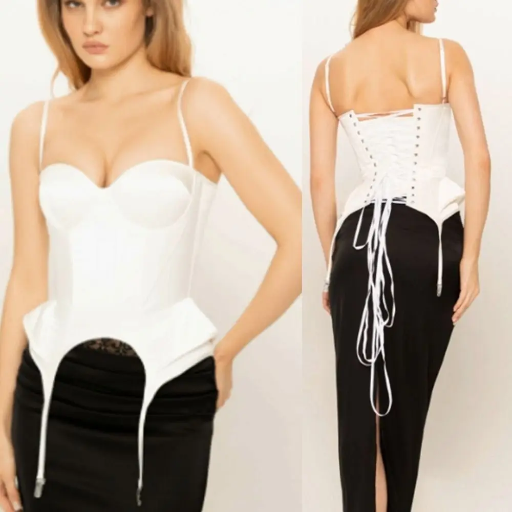 

New Solid Color Fishbone Croset Camis Tops Ribbons Design Slim Fit Spaghetti Straps Tops Lace Up Back Lace Up Tops Female