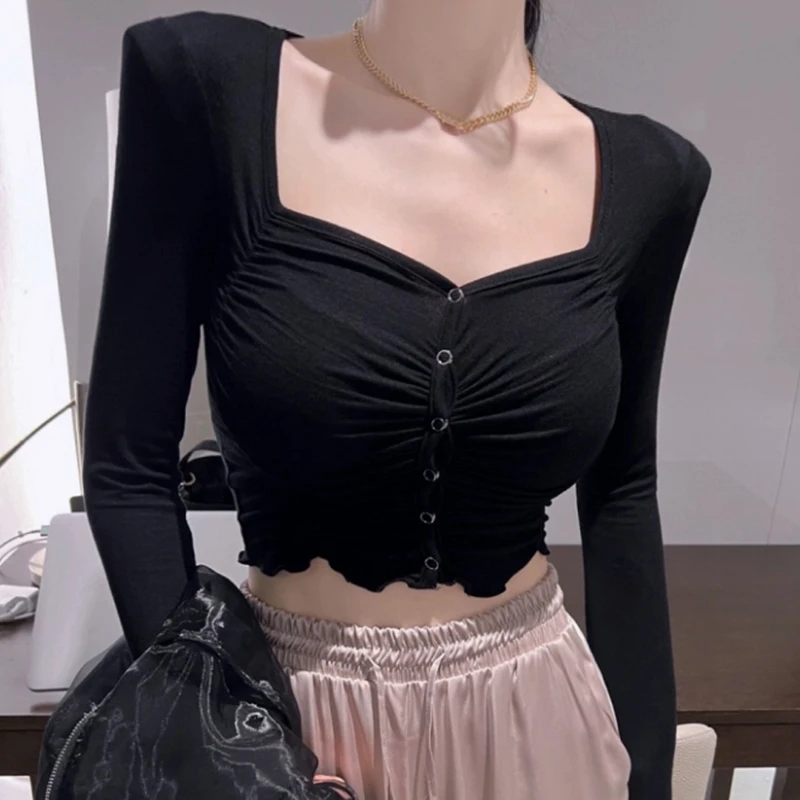 Slimming Effect Long Sve ort T-irt Dongda Gate oulder Pad Square Collar Sexy Pleated Women's Flavor Trendy Top