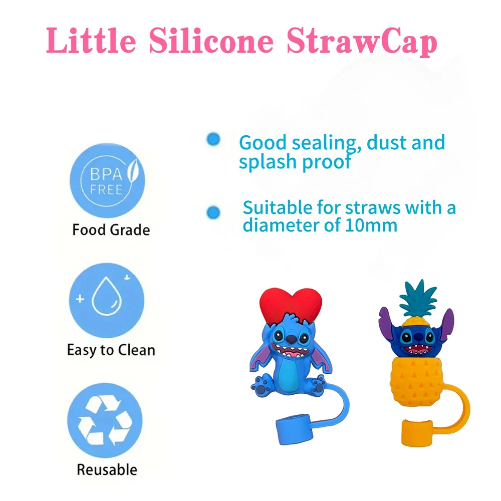 MINISO 1-7pcs 3D Stereo Stitch Straw Cover Cap 10MM Drink Straw Plug Reusable Fit Cup Accessories Straw Cap Charms Pendant Gift